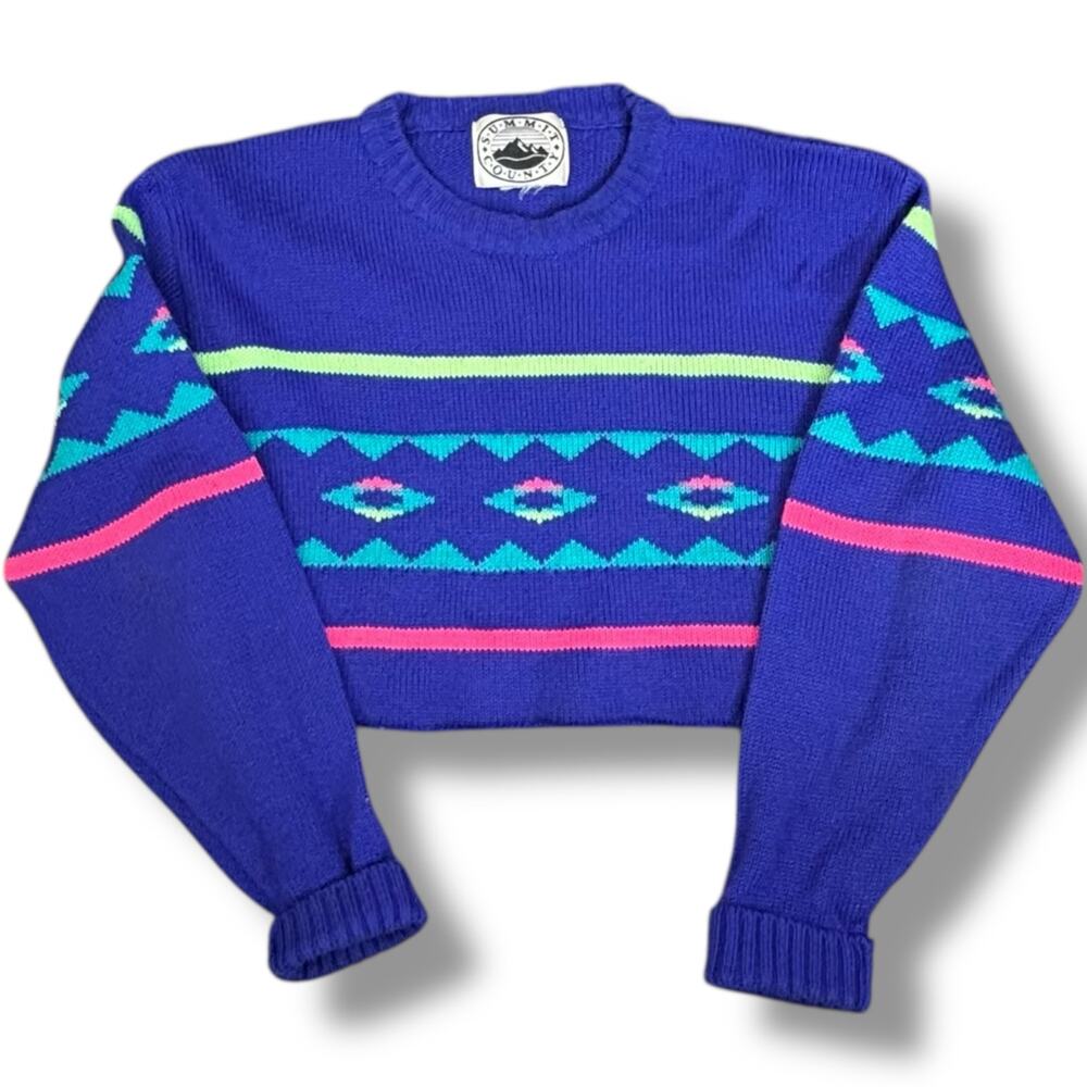 Vintage 90s Summit County‎ Neon Purple Aztec Knit Cropped Crewneck Sweater Small